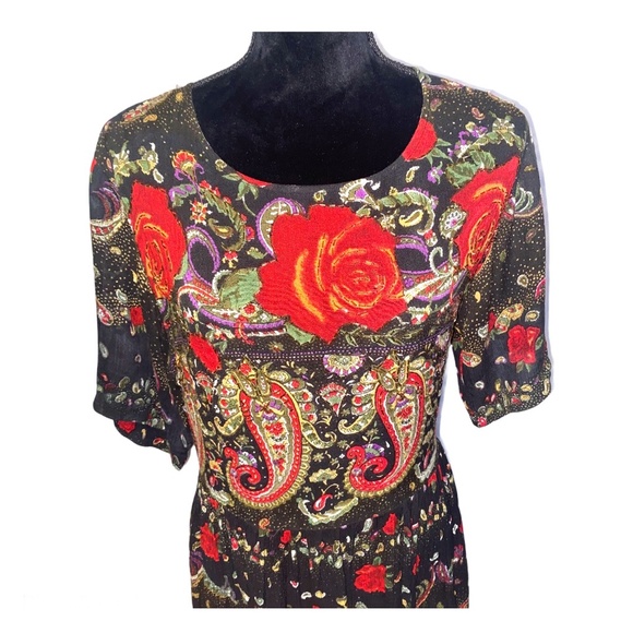 Vintage Maxi Dress Size Large Boho Rose Paisley Print Beaded Goth Whimsigoth - Picture 2 of 11